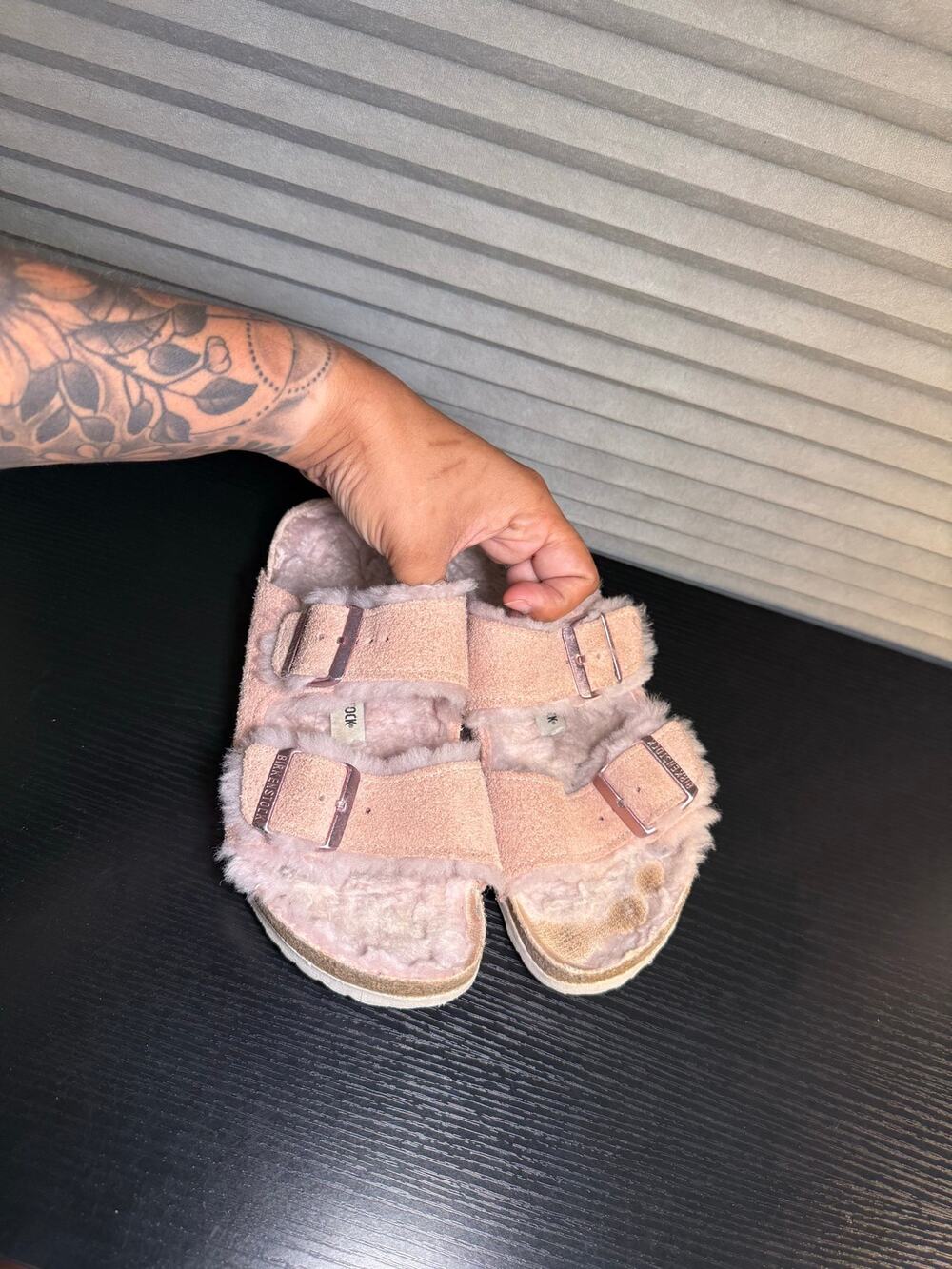 Birkenstock Arizona Shearling Suede Sandals Light Rose Pink EU 38 Narrow